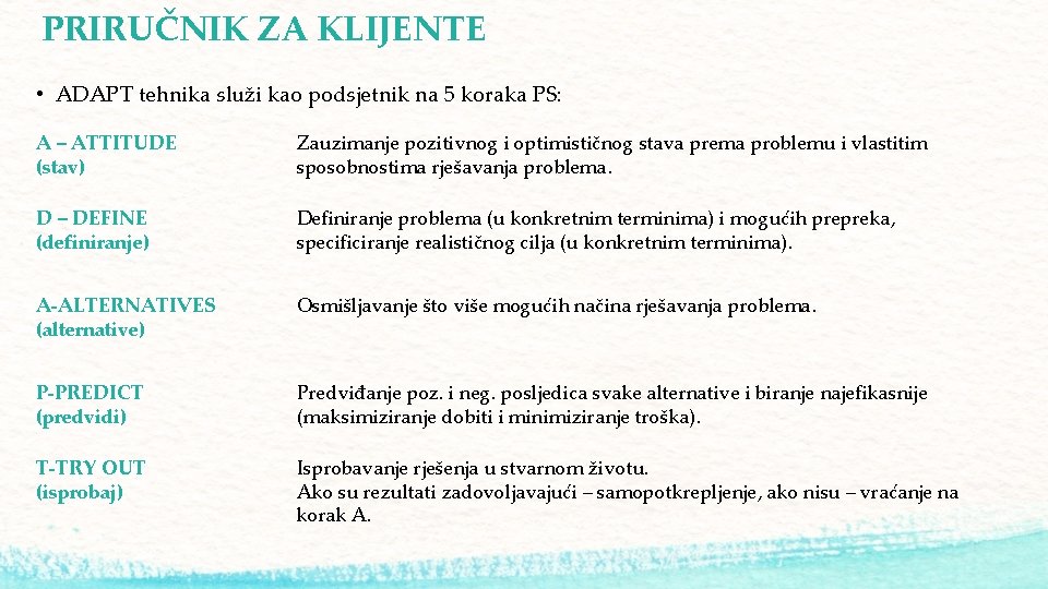 PRIRUČNIK ZA KLIJENTE • ADAPT tehnika služi kao podsjetnik na 5 koraka PS: A