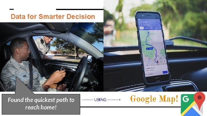 Data for Smarter Decision Found the quickest path to reach home! ---- USING ----> Data for Smarter Decision Found the quickest path to reach home! ---- USING ---->