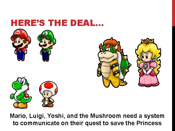 HERE’S THE DEAL… Mario, Luigi, Yoshi, and the Mushroom need a system to communicate
