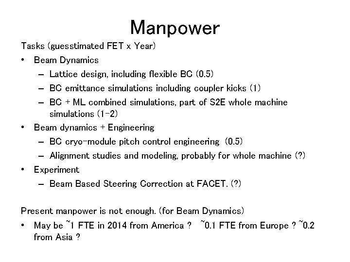 Manpower Tasks (guesstimated FET x Year) • Beam Dynamics – Lattice design, including flexible
