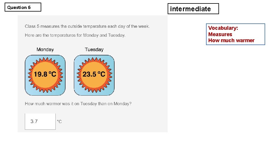 Question 6 intermediate Vocabulary: Measures How much warmer 