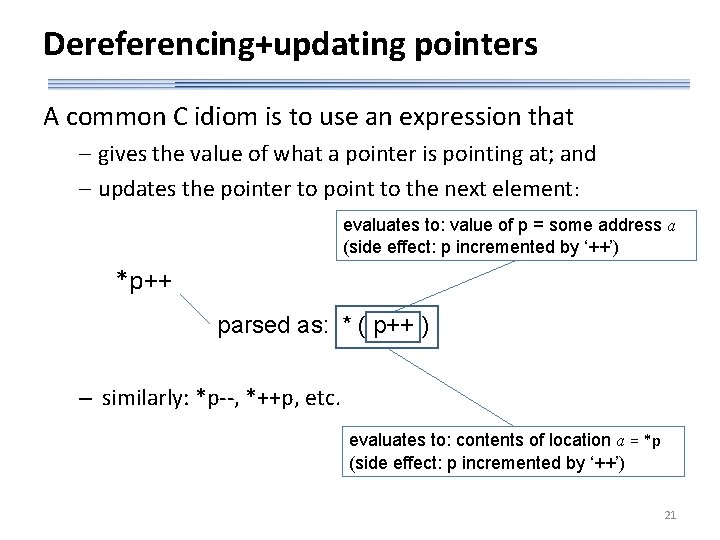 Dereferencing+updating pointers A common C idiom is to use an expression that - gives