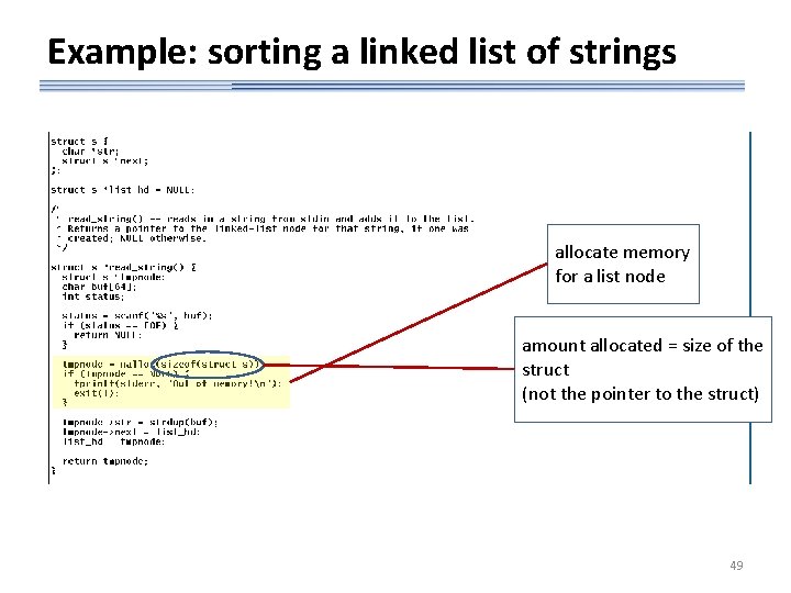 Example: sorting a linked list of strings allocate memory for a list node amount