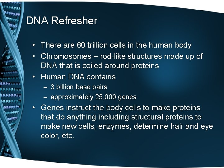 DNA Refresher • There are 60 trillion cells in the human body • Chromosomes
