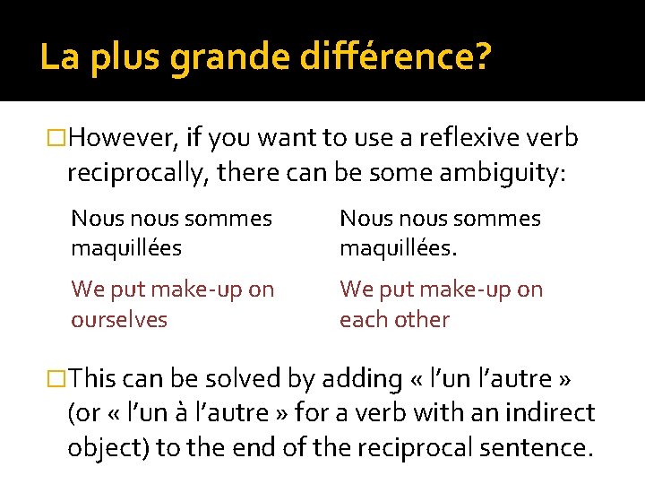 La plus grande différence? �However, if you want to use a reflexive verb reciprocally,