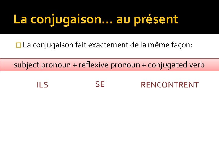 La conjugaison… au présent � La conjugaison fait exactement de la même façon: subject