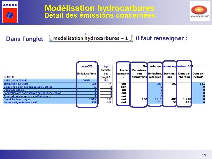 Modélisation hydrocarbures Détail des émissions concernées Dans l’onglet il faut renseigner : 15 