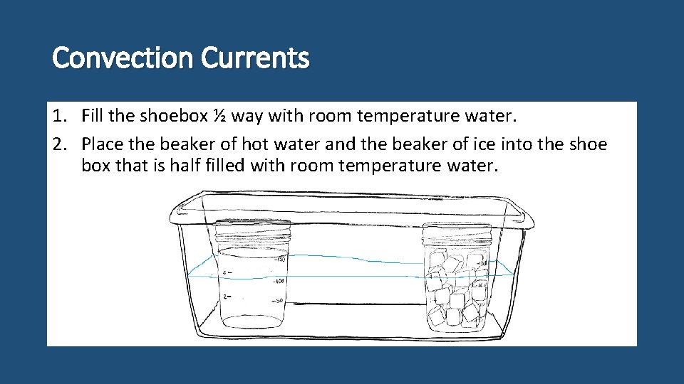 Convection Currents 1. Fill the shoebox ½ way with room temperature water. 2. Place