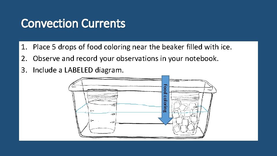 Convection Currents 1. Place 5 drops of food coloring near the beaker filled with