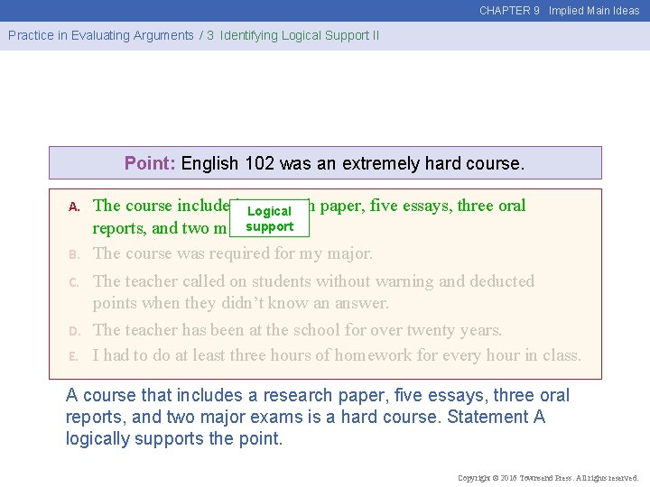 CHAPTER 9 Implied Main Ideas Practice in Evaluating Arguments / 3 Identifying Logical Support