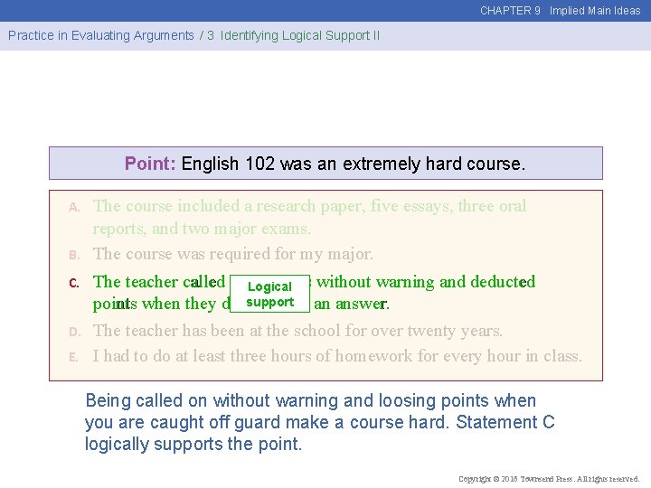 CHAPTER 9 Implied Main Ideas Practice in Evaluating Arguments / 3 Identifying Logical Support