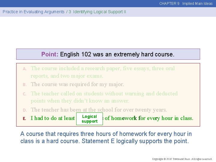 CHAPTER 9 Implied Main Ideas Practice in Evaluating Arguments / 3 Identifying Logical Support