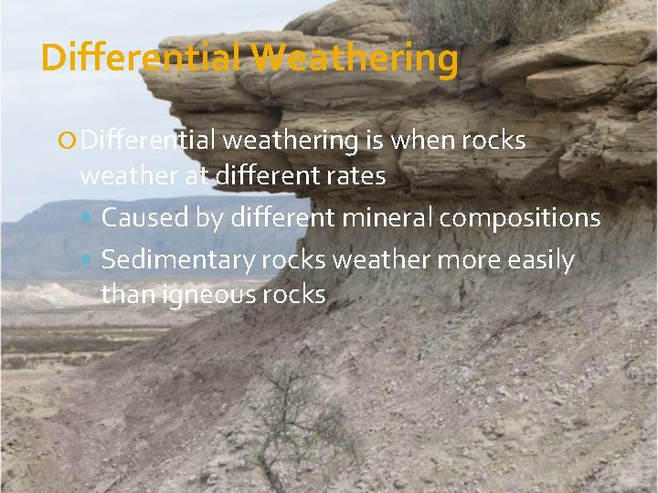 Differential Weathering Differential weathering is when rocks weather at different rates Caused by different