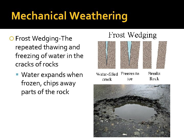 Mechanical Weathering Frost Wedging-The repeated thawing and freezing of water in the cracks of