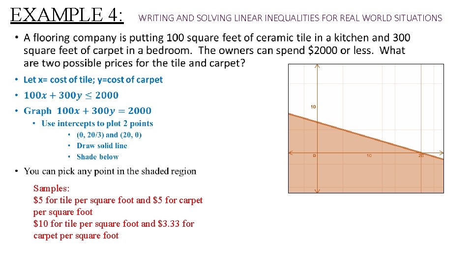 EXAMPLE 4: WRITING AND SOLVING LINEAR INEQUALITIES FOR REAL WORLD SITUATIONS • Samples: $5