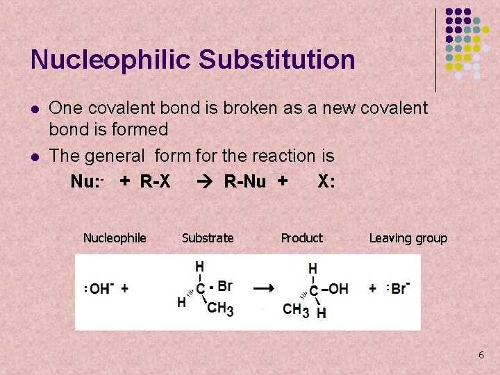 Nucleophilic Substitution l l One covalent bond is broken as a new covalent bond
