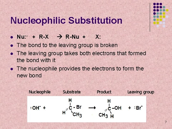 Nucleophilic Substitution l l Nu: - + R-X R-Nu + X: The bond to