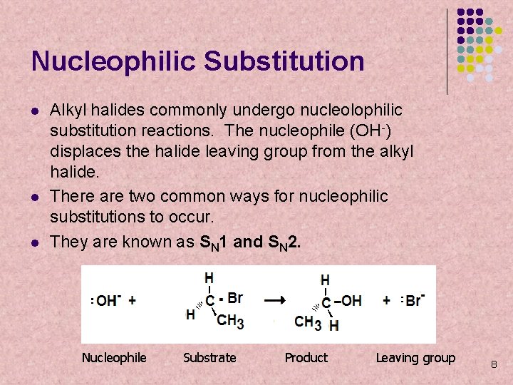 Nucleophilic Substitution l l l Alkyl halides commonly undergo nucleolophilic substitution reactions. The nucleophile