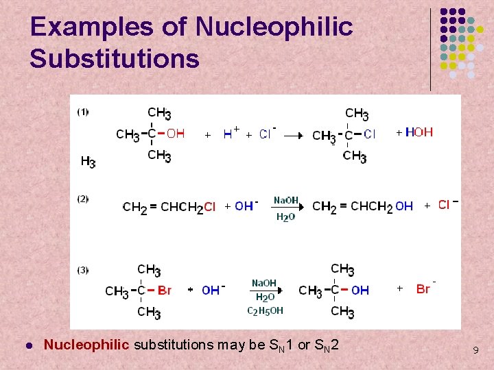 Examples of Nucleophilic Substitutions l Nucleophilic substitutions may be SN 1 or SN 2