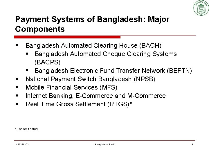 Payment Systems of Bangladesh: Major Components § § § Bangladesh Automated Clearing House (BACH)