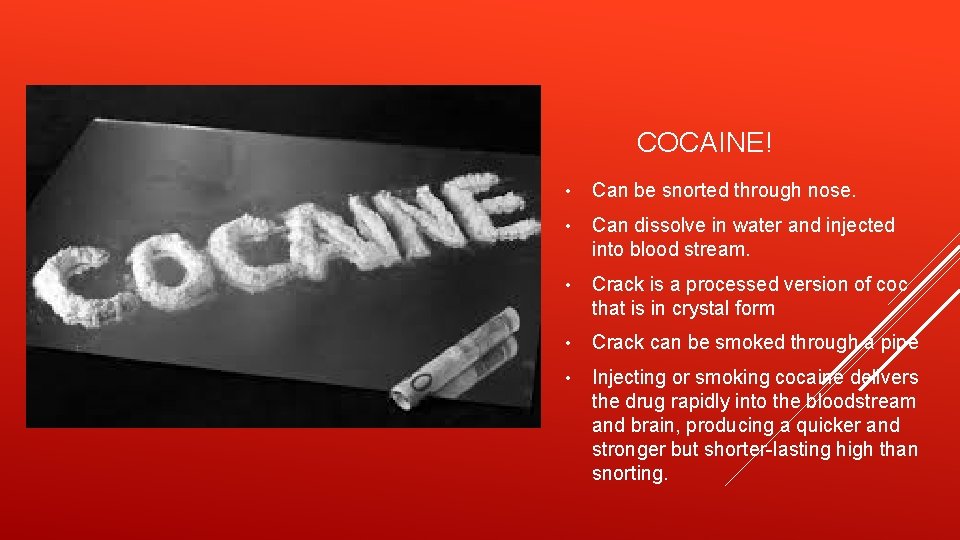 COCAINE! • Can be snorted through nose. • Can dissolve in water and injected
