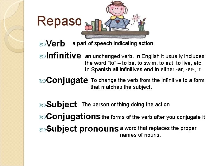 Repaso Verb a part of speech indicating action Infinitive an unchanged verb. In English