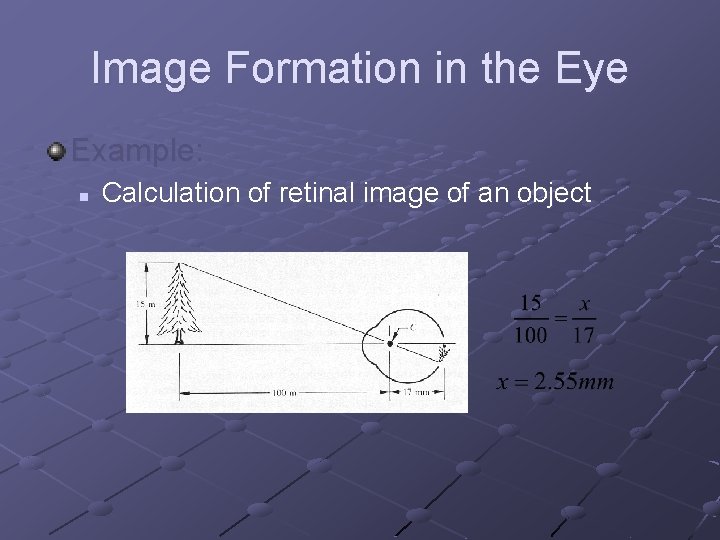 Image Formation in the Eye Example: n Calculation of retinal image of an object