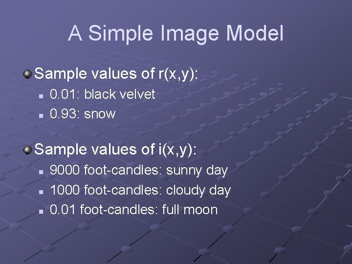 A Simple Image Model Sample values of r(x, y): n n 0. 01: black