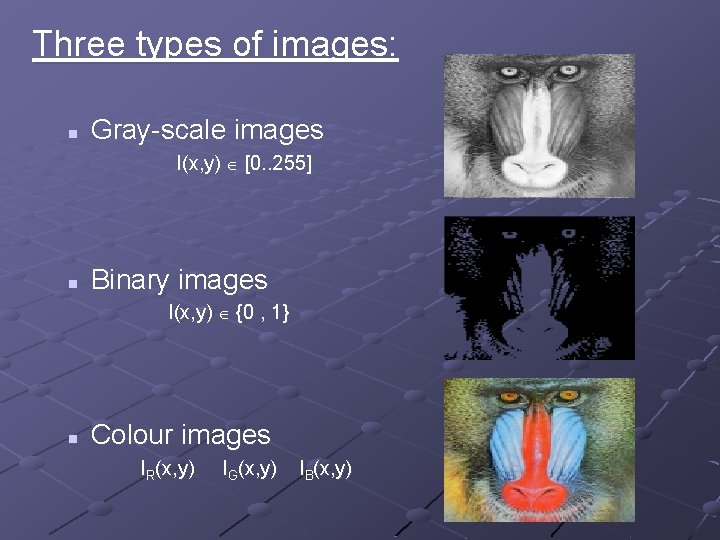 Three types of images: n Gray-scale images I(x, y) [0. . 255] n Binary