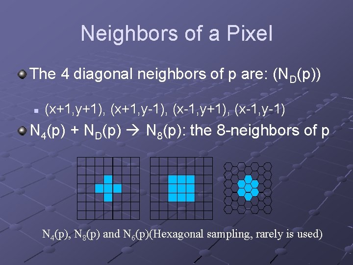 Neighbors of a Pixel The 4 diagonal neighbors of p are: (ND(p)) n (x+1,