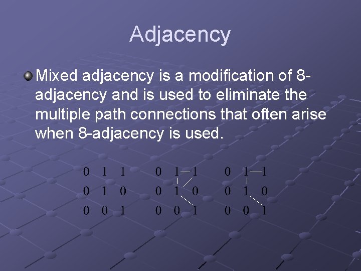 Adjacency Mixed adjacency is a modification of 8 adjacency and is used to eliminate