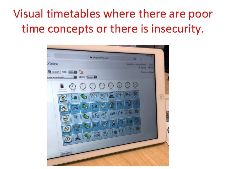 Visual timetables where there are poor time concepts or there is insecurity. 