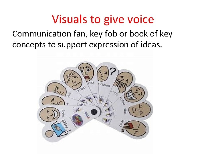 Visuals to give voice Communication fan, key fob or book of key concepts to