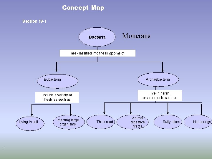 Concept Map Section 19 -1 Bacteria Monerans are classified into the kingdoms of Eubacteria