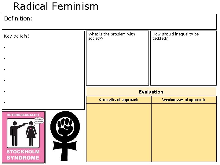 Radical Feminism Definition: Key beliefs: What is the problem with society? How should inequality