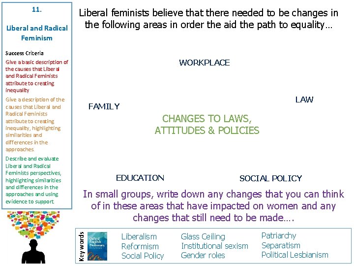 11. Liberal and Radical Feminism Liberal feminists believe that there needed to be changes