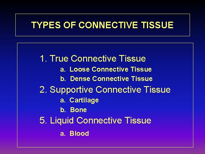 TYPES OF CONNECTIVE TISSUE 1. True Connective Tissue a. Loose Connective Tissue b. Dense