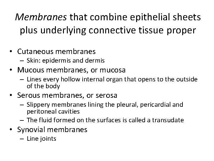 Membranes that combine epithelial sheets plus underlying connective tissue proper • Cutaneous membranes –