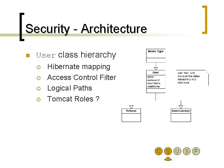 Security - Architecture n User class hierarchy ¡ ¡ Hibernate mapping Access Control Filter