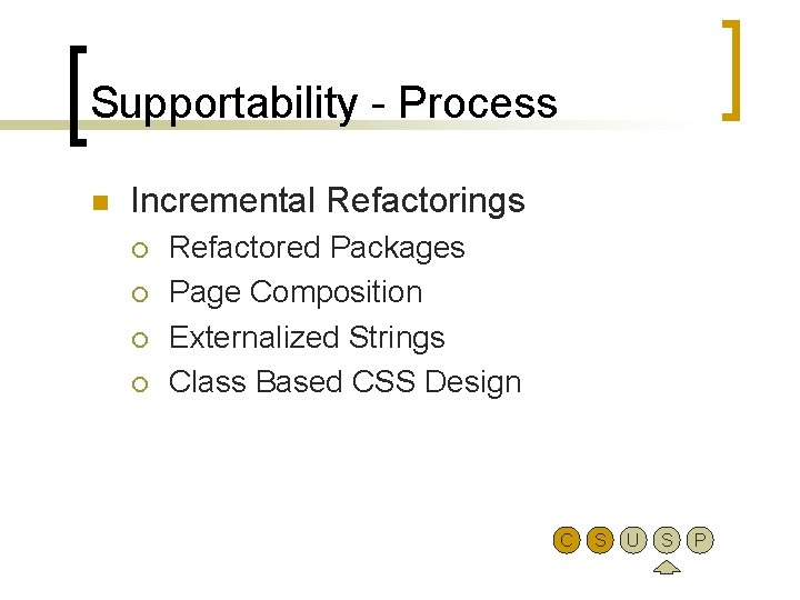 Supportability - Process n Incremental Refactorings ¡ ¡ Refactored Packages Page Composition Externalized Strings