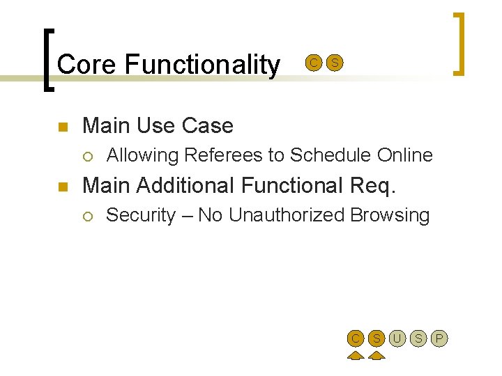 Core Functionality n S Main Use Case ¡ n C Allowing Referees to Schedule