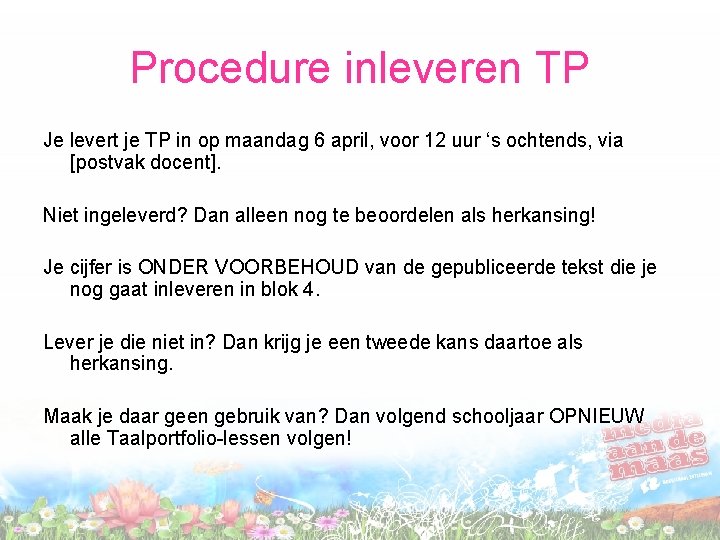 Procedure inleveren TP Je levert je TP in op maandag 6 april, voor 12
