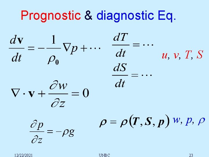 Prognostic & diagnostic Eq. u, v, T, S w, p, 12/22/2021 UNBC 23 