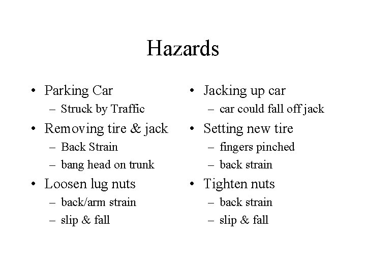 Hazards • Parking Car – Struck by Traffic • Removing tire & jack –