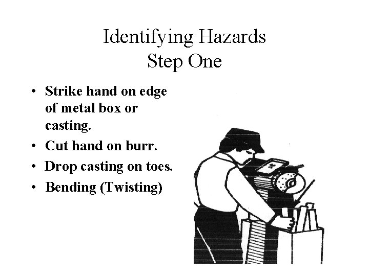 Identifying Hazards Step One • Strike hand on edge of metal box or casting.