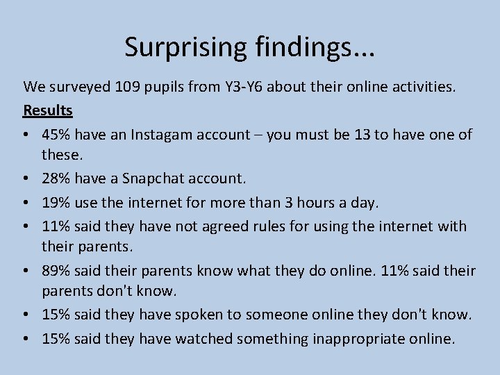 Surprising findings. . . We surveyed 109 pupils from Y 3 -Y 6 about