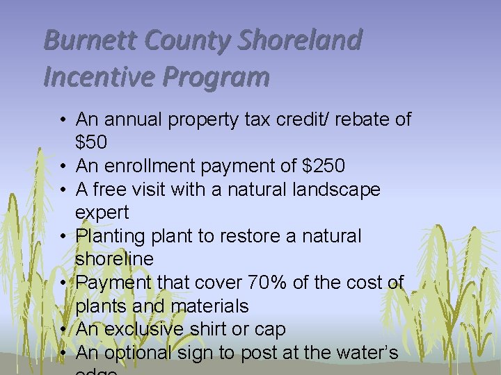 Burnett County Shoreland Incentive Program • An annual property tax credit/ rebate of $50