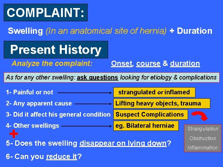 COMPLAINT: Swelling (In an anatomical site of hernia) + Duration Present History Analyze the