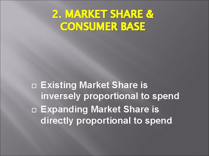 2. MARKET SHARE & CONSUMER BASE Existing Market Share is inversely proportional to spend
