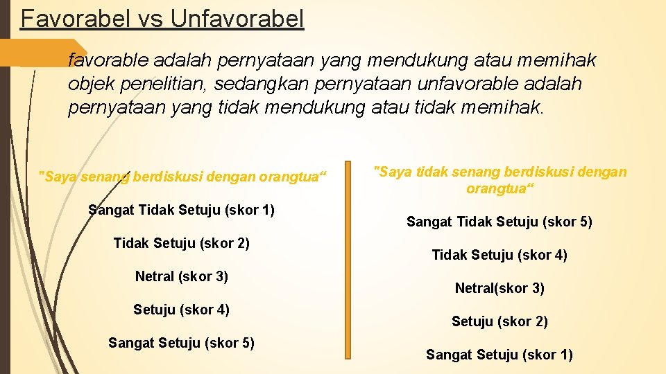 Favorabel vs Unfavorabel favorable adalah pernyataan yang mendukung atau memihak objek penelitian, sedangkan pernyataan Favorabel vs Unfavorabel favorable adalah pernyataan yang mendukung atau memihak objek penelitian, sedangkan pernyataan